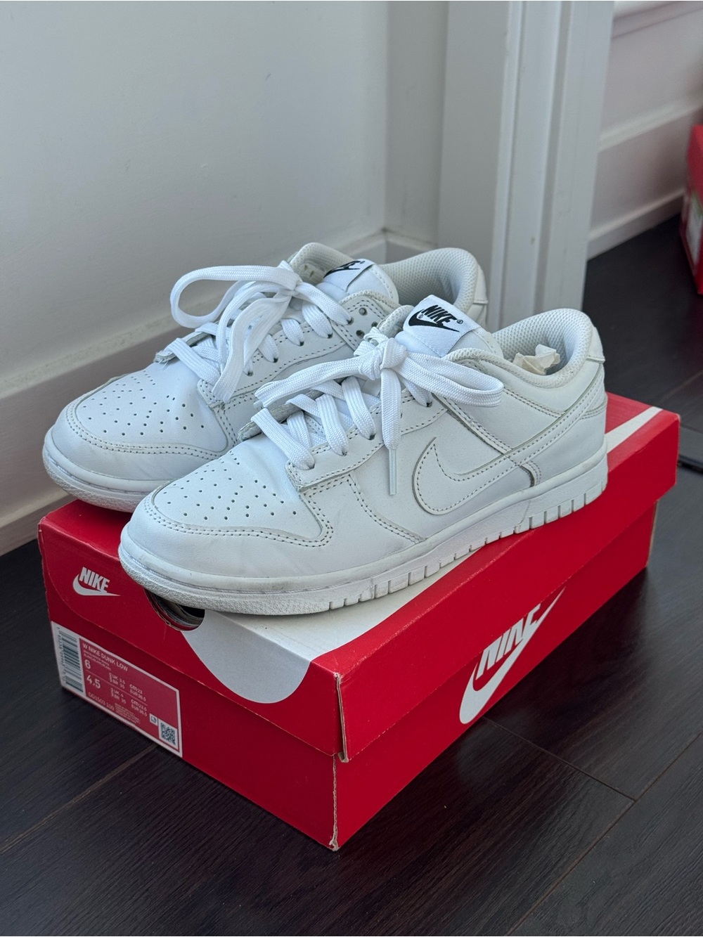Nike Dunk Low Triple White Leather Sneakers Women’s Size 6 / EU 36.5 with Box